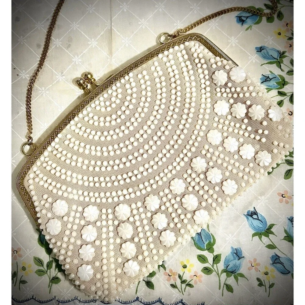 Vintage 1960s Beaded Floral Evening Bag Ivory Metal Frame Chain Strap Hong Kong